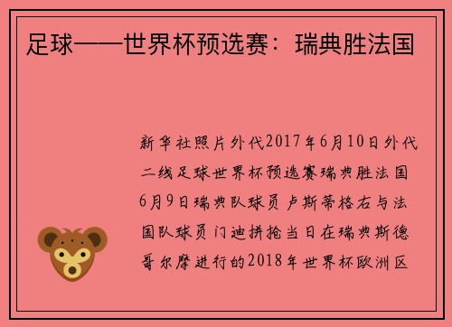 足球——世界杯预选赛：瑞典胜法国